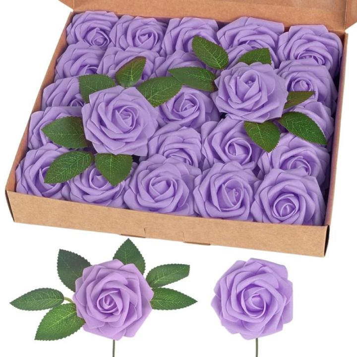 Kunstroos, van schuim met stengel voor thuisdecoratie, bruidsboeketten, feesten, tafelversiering, jubilea, 25 stuks, lila