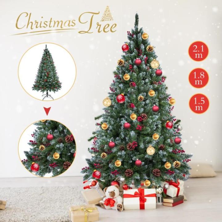 Kerstboom van 2,1 m met dennenappels en bessen, 2,1 m PVC kunstmatige kerstboom met sneeuw stroomden tips kerstdecoratie staande kerstboom voor binnen buiten groen en wit