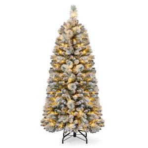 Kunstkerstboom met verlichting, 150 cm, pop-up dennenboom met 130 warmwitte ledlampen en 378 takuiteinden, gevlokte kerstboom, kunstboom voor thuis, bedrijf en kantoor