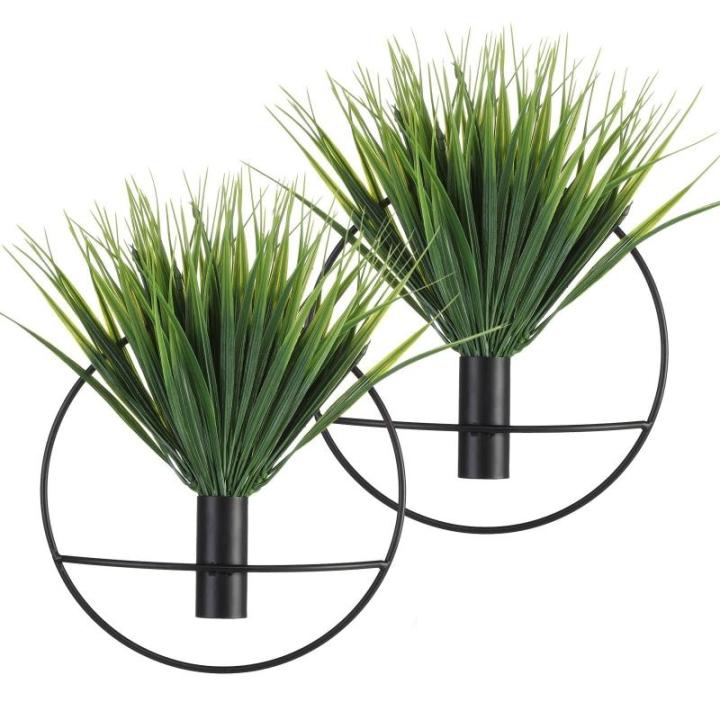 Wandgemonteerde bloemenringen, metalen vaas decoratieve houder kunstbloemen, zwarte wanddecoratie voor familiebijeenkomsten, geschenken en feest, valse tarwe 2 pack, kunst aan de m