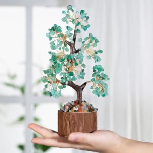 Groene aventurijn boom edelstenen kristallen boom decoratie groene kristallen steen grote levensboom geldboom kristal geluksbrenger boom houten sokkel esoterie geschenken veel gelu