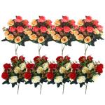 Friedhofsblumen für Grab, 4 Bündel Gefälschte Rosen 11.8 '' Künstliche Blüten für Graves 12 Blumenköpfe Seidengedenkblumen für Grab Vase Cemetery Dekor rot, künstliche Blu