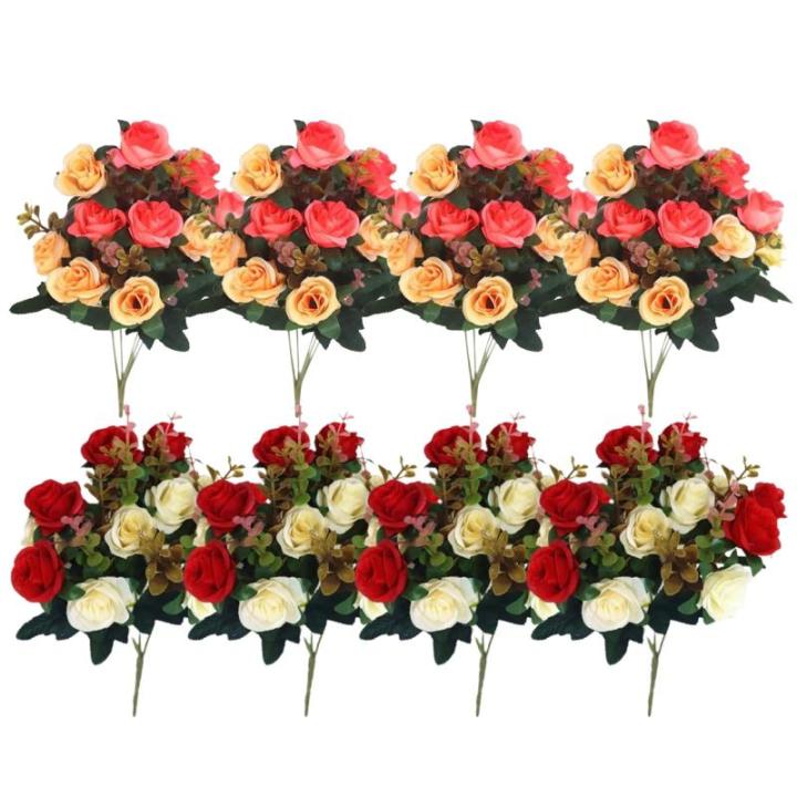 Friedhofsblumen für Grab, 4 Bündel Gefälschte Rosen 11.8 '' Künstliche Blüten für Graves 12 Blumenköpfe Seidengedenkblumen für Grab Vase Cemetery Dekor rot, künstliche Blu
