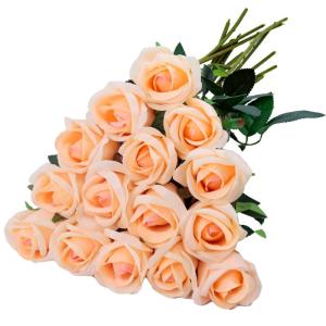 Kunstrozen, 15 stuks, kunstbloemen, net echt, lange stem, kunstrozen, kunstbloemen voor doe-het-zelf, bruiloftsdecoratie, bruidsboeket, tuin, feest, hotel, kantoor, decoratie, roze