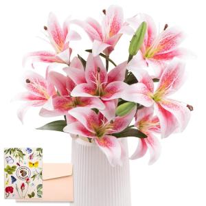 Kunstleliebloemen met 12 hoofden, lange steel kunstmatige lelies met 9 hoofden, volledige bloei, lelie en 3 lelieknoppen, namaakboeketten voor thuis, hotel, bloemstuk, feestdecorat