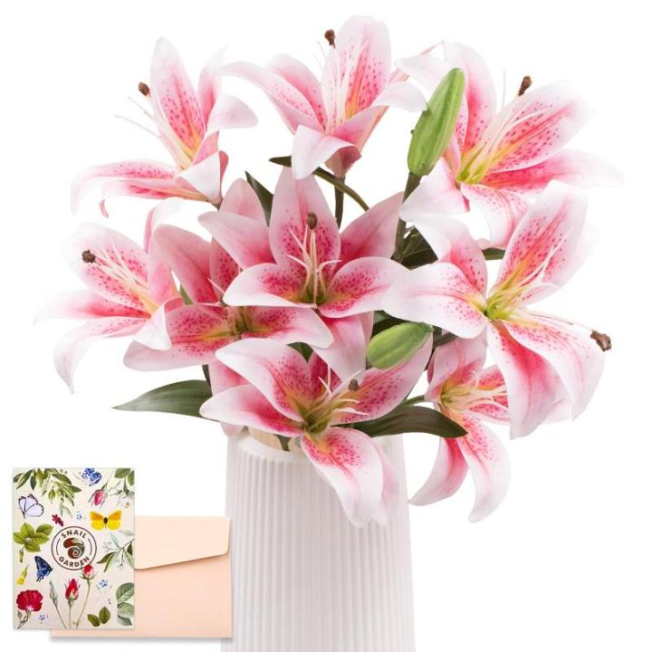 Kunstleliebloemen met 12 hoofden, lange steel kunstmatige lelies met 9 hoofden, volledige bloei, lelie en 3 lelieknoppen, namaakboeketten voor thuis, hotel, bloemstuk, feestdecorat