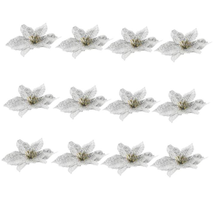 12St Doppelschicht kleine Weihnachtsblume DIY weihnachtshandwerk Christbaumschmuck Ornamente weihnachtsdeko künstliche blüten Weihnachtsbaum Party-Requisiten Plastik Silver