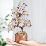 Kristallen fluoriet boom edelstenen kristallen boom decoratie steen grote levensboom geldboom kristal geluksbrenger boom houten sokkel esoterie geschenken veel geluk
