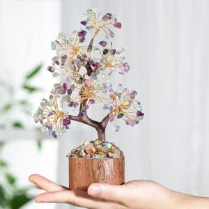 Kristallen fluoriet boom edelstenen kristallen boom decoratie steen grote levensboom geldboom kristal geluksbrenger boom houten sokkel esoterie geschenken veel geluk