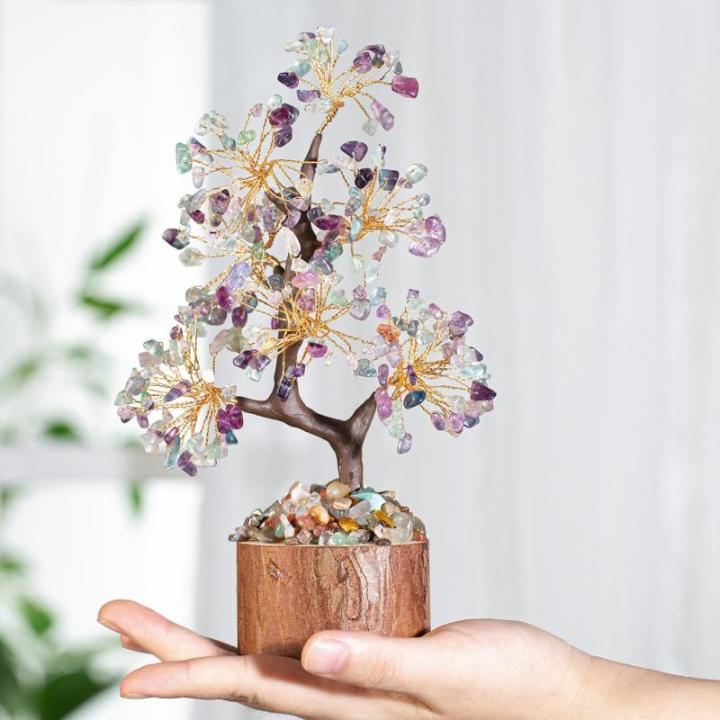 Kristallen fluoriet boom edelstenen kristallen boom decoratie steen grote levensboom geldboom kristal geluksbrenger boom houten sokkel esoterie geschenken veel geluk