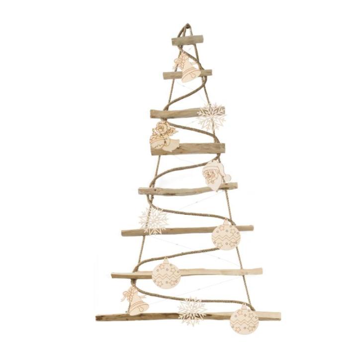 Handgemaakte kerstboom 95 cm hoog met decoraties, van hazelnoothout, decoratieve hanger, met 200 cm ledlampen, houten platen verbonden met een jute touw met een dikte van 6 mm