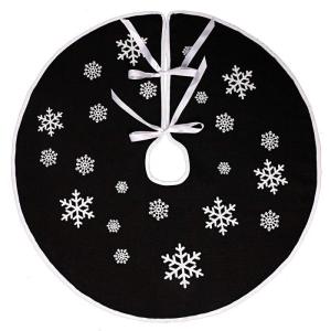 Zwarte kerstboomrok, witte sneeuwvlok, bedrukt, jute kerstboomtapijt, ornamenten, decoratie voor Kerstmis (76 cm)