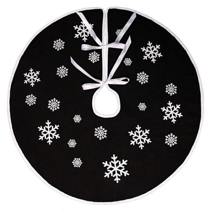 Zwarte kerstboomrok, witte sneeuwvlok, bedrukt, jute kerstboomtapijt, ornamenten, decoratie voor Kerstmis (76 cm)