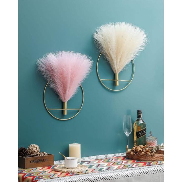 Boho wanddecoratie, grote wanddecoratie, metalen wanddecoratie, hangende kunstpampa-display, wandkunst woonkamer, slaapkamer, badkamer, eetkamer, 2 stuks goudbeige