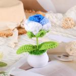 Kunstbloem roos gehaakte bloemen potplant, mini gebreide bloempot, kleine handgemaakte gehaakte bloem voor thuiskantoor tafeldecoratie, cadeau voor haar Valentijnsdag (1, wit blauw