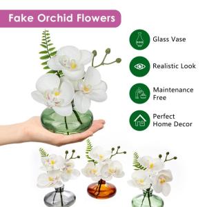 Set van 3 , orchideeën, als echte decoratieve bloemen met glazen vaas, badkamerdecoratie, kunstplant voor woonkamer, feest, kantoor, badkamer