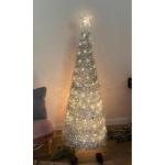 Pop-up spiraalkerstboom, 150 cm, met 120 leds en sterpunt, zilver, kunstdennenboom, warm wit verlicht voor buiten en binnen, kerstdecoratie, tuinverlichting met stekker
