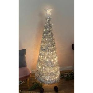 Pop-up spiraalkerstboom, 150 cm, met 120 leds en sterpunt, zilver, kunstdennenboom, warm wit verlicht voor buiten en binnen, kerstdecoratie, tuinverlichting met stekker