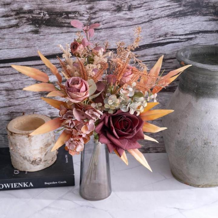 Kunstbloemen, zijden rozen, kunstbloemen als echt uitziende voor doe-het-zelf bruiloft, boeket, tuin, feest, hotel, kantoor, decoratie, tafelstukken, bordeauxrood