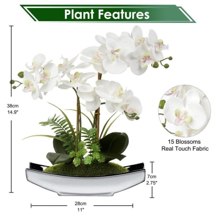 Phalaenopsis Kunstmatige Orchidee in pot, zilverkleurig, 38,1 cm, kunstbloem voor tafelopzetstuk, woonkamer, woondecoratie