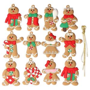 Kerstboomdecoraties, peperkoek, 12 stuks, traditionele peperkoekmannetjes, kleifiguren, kerstboomornamenten, met koordje