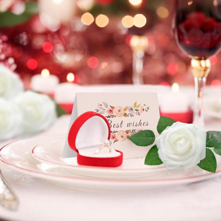 Kunstbloemen, wit, rozen, 30 stuks, 8 cm, boeket, kunstdecoratie, bloemen, kunstrozen met stelen en kaart voor Valentijnsdag, tuin, verjaardag, feest, doe-het-zelf bruiloftsdecorat