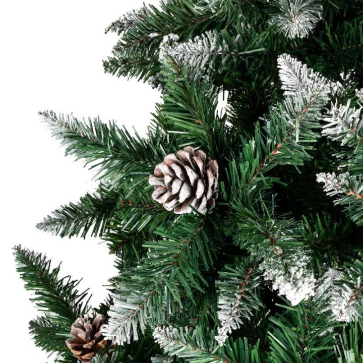 Kunstkerstboom, 120/150/180/210 cm, pvc-materiaal, verdikte takken, opvouwbaar, met robuuste sokkel, groen en wit met dennenappels, 150 cm