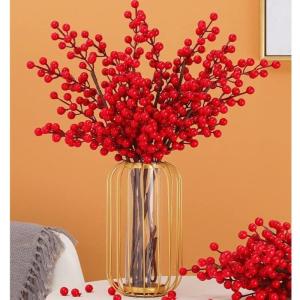 Kunstblumen Gefälschte Blumensimulationsblume, Beeren-Glücksfrucht mit Leichter Luxus-Vase aus Schmiedeeisen für Zuhause, Hochzeit, Party, Büro für jeden Anlass