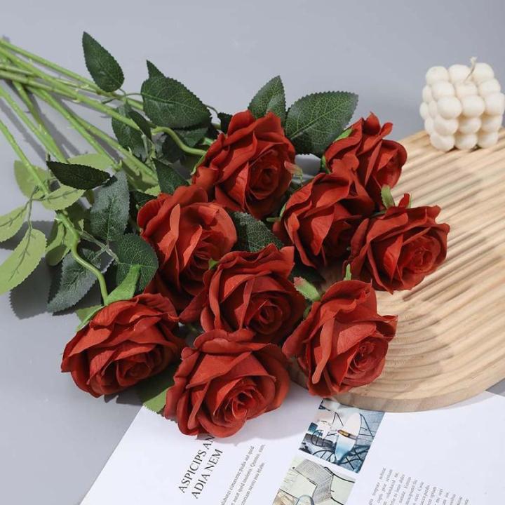 12 stuks Kunstmatige Rozen, 53cm Kunstrozen Enkele Lange Steel , Realistische voor Bruiloftsboeket, Thuis Tuin Woonkamer Hotel Kantoor Decoratie (Bruin)