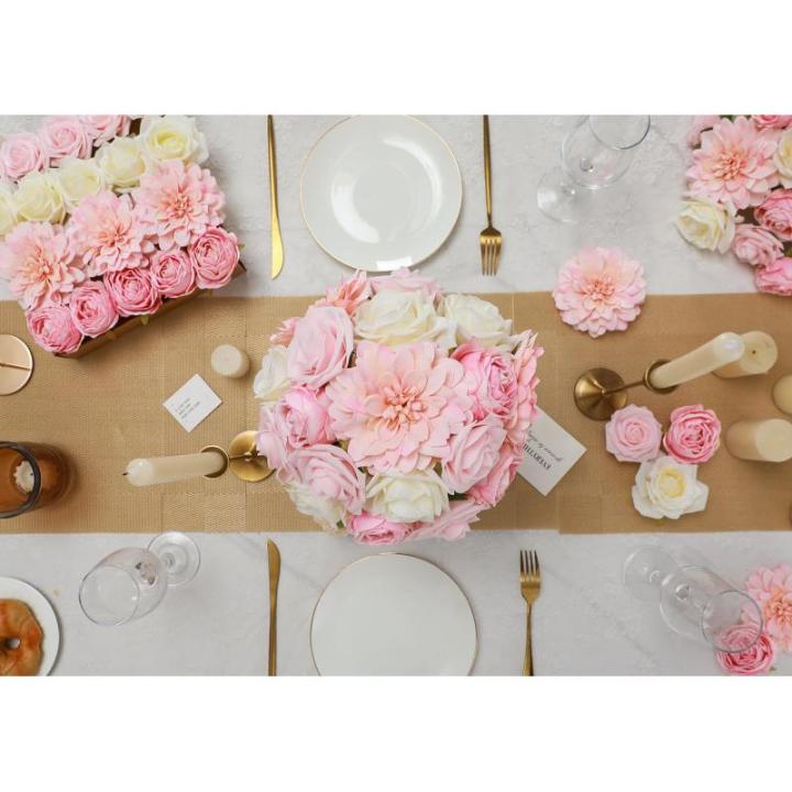 Roze kunstbloem combo nep roos faux dahlia bloemen met stengels voor doe-het-zelf bruiloft bruidsboeket feest woondecoratie (roze roze)