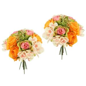 Kunstrozenboeket met hortensia, boeket, kunstbloemenboeket, zijden bloemen, boeket, hortensia-boeket, rozen, kunstbloemen, bruiloft, wit/roze/oranje