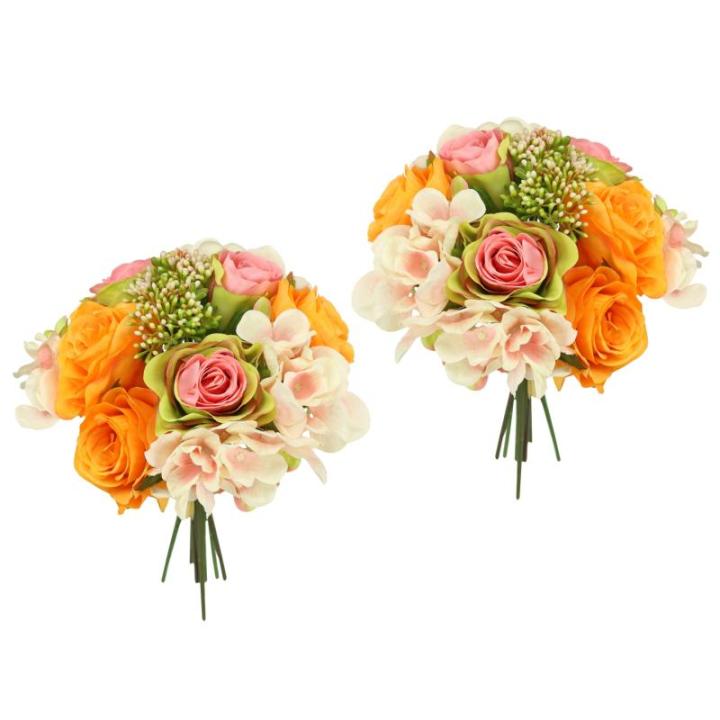 Kunstrozenboeket met hortensia, boeket, kunstbloemenboeket, zijden bloemen, boeket, hortensia-boeket, rozen, kunstbloemen, bruiloft, wit/roze/oranje
