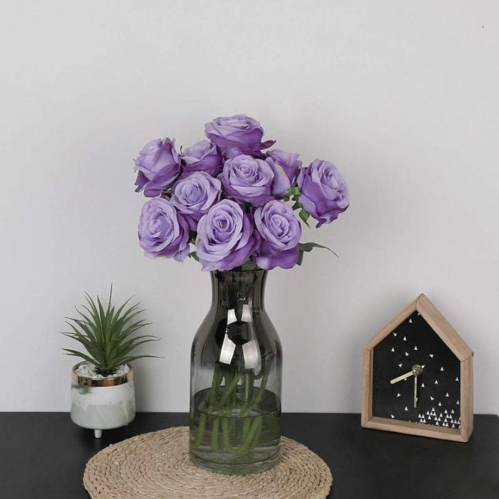 Kunstmatige Zijde Roos Bloem Enkele Stam Levensechte Nep Roos voor Bruiloft Boeket Bloemenarrangementen Huis Feest Bloemstuk Decoratie, 10 stuks (Verloop Licht Paars)