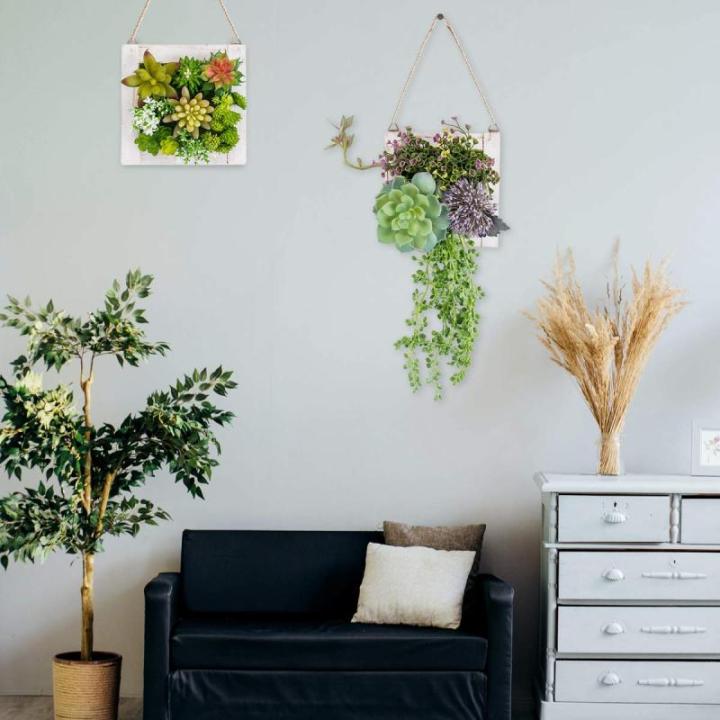 Opknoping Muur decoratieve voor Home Decor Indoor Vetplanten Planten Kunstmatige in Houten Frame 3D Groen Muur Art Decor Faux Planten voor Woonkamer Kwekerij Achtergrond (Set van 2