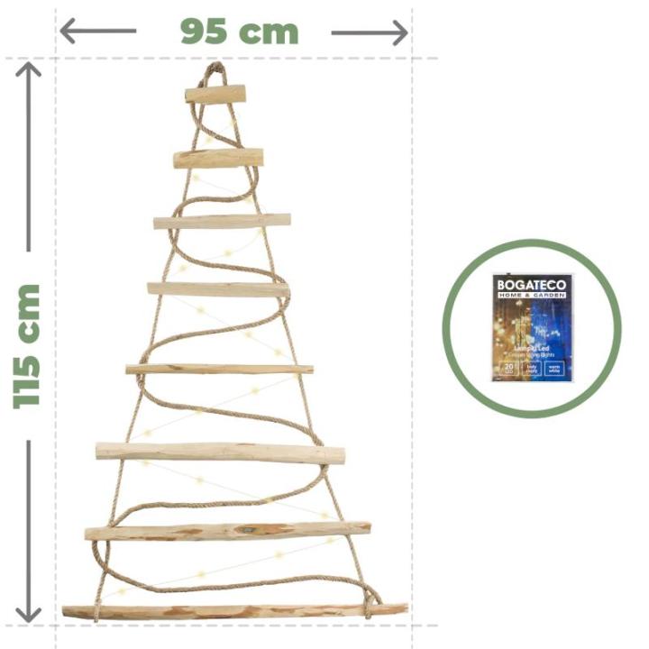 Handgemaakte kerstboom 95 cm hoog, van hazelnoothout | decoratieve hanger | met 200 cm LED-lampen | houten platen verbonden met een jute touw met een dikte van 6 mm