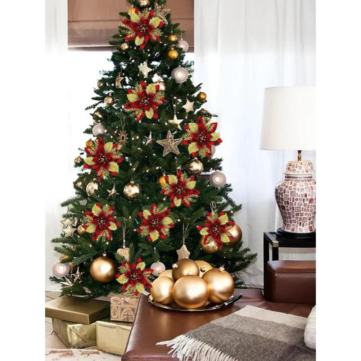 Künstliche Weihnachtsblumen, 24 Stück, Weihnachtsbaum-Blumen mit Clips, Weihnachtsbaumschmuck, künstliche Blumenornamente für Winter, Hochzeit, Party, Kranz, Dekoration (Rot + 