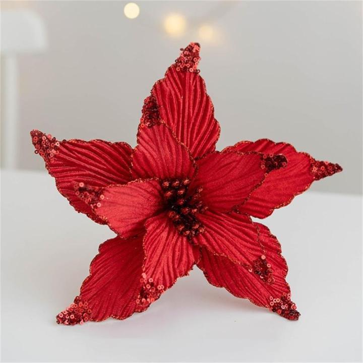 5 Stück Weihnachtsblume, Glitzer Weihnachtsblumen Weihnachtsstern, Simulation Künstliche Weihnachtsblumen, für Weihnachtsbaumschmuck Hochzeit Party Kranz Dekor (Rot,25 cm)