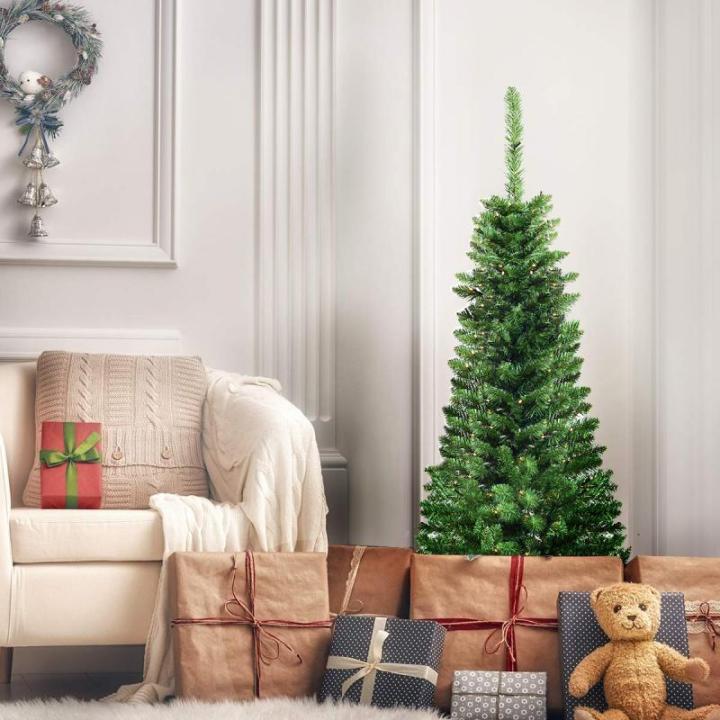 Kerstboom met warmwitte ledverlichting, kunstkerstboom met klapsysteem en metalen standaard, pvc-naalden, kunstboom, kerstgroen, 135 x 200 x 225 cm