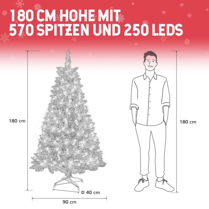 Kerstboom met verlichting, wintermagie serie, kunstkerstboom met kunstsneeuwcoating, 250 leds, 28 dennenappels, 570 takken en metalen standaard, van pvc, hoogte 180 cm