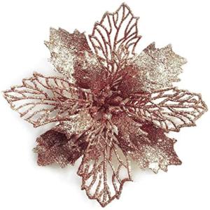 24 Stück Weihnachtsblumen für Weihnachtsbaumdeko, Weihnachten Funkeln Weihnachtsstern Blumen mit Clips für Hochzeit Weihnachtsbaum Neujahr Ornamente (Roségold,16 cm)