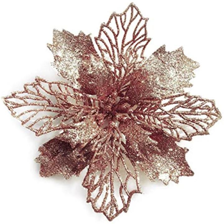 24 Stück Weihnachtsblumen für Weihnachtsbaumdeko, Weihnachten Funkeln Weihnachtsstern Blumen mit Clips für Hochzeit Weihnachtsbaum Neujahr Ornamente (Roségold,16 cm)