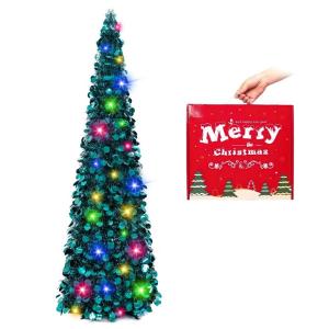 Kerstboom, inklapbaar, 152 cm, openklapbaar, blauwe lametta, kustkerstboom voor feestdagen, kerstdecoratie, woondecoratie, kantoordecoratie