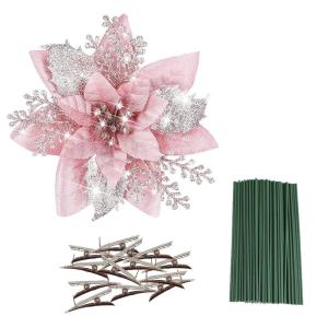 Künstliche Weihnachtsblumen, 24 Stück, Weihnachtsbaum-Blumen mit Clips, Weihnachtsbaumschmuck, künstliche Blumenornamente für Winter, Hochzeit, Party, Kranz, Dekoration (Rosa)