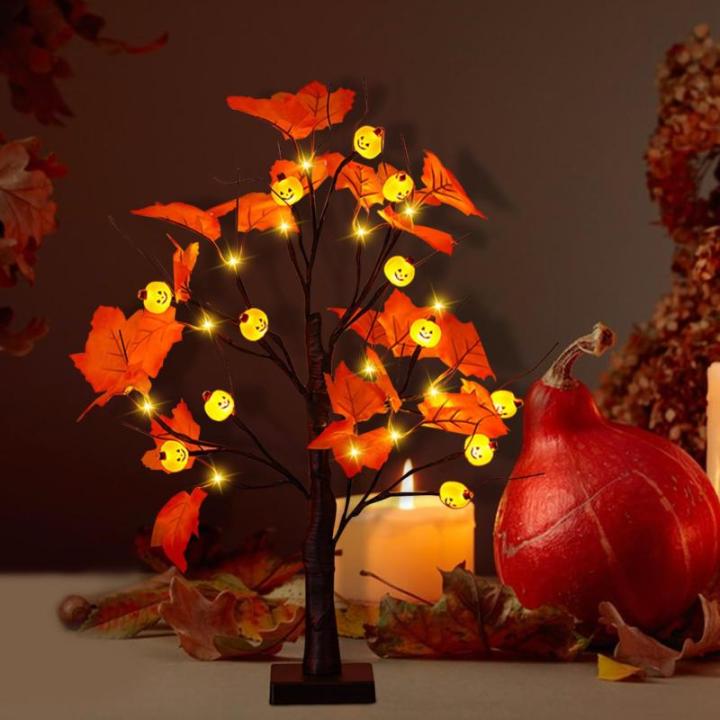 Halloween decoratie voor binnen, zwart esdoornblad, boomverlichting met 24 leds, Halloween-decoratie, griezelige lichtboom met led-spinnenlicht, berkenboom met timer voor Halloween