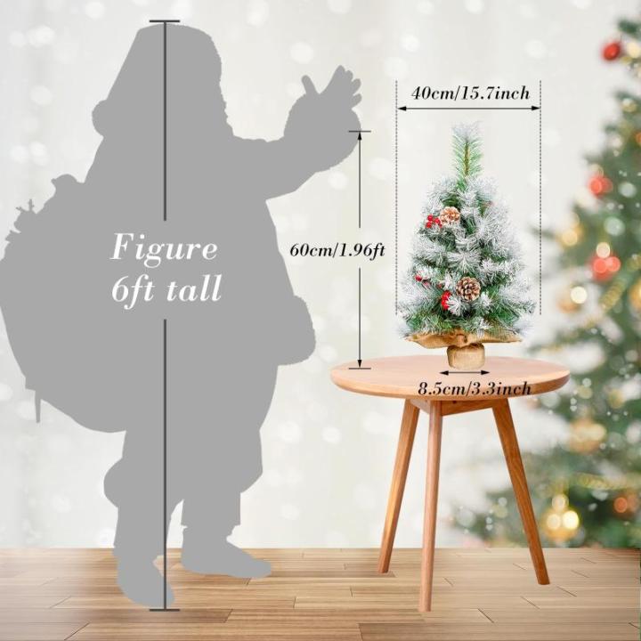Kunstkerstboom, 60 cm, klein, met sneeuwvlokkendecoratie, dennenappels, rode bessen, dennenbladeren, 80 punten, linnen katoen en cementbasis voor feestelijke sfeer
