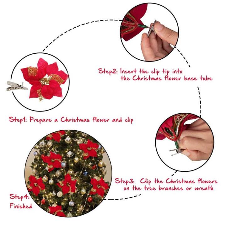 GL-Turelfies 12 STK. Glitzer Weihnachtsblumen (15cm/5,9'') mit 12 STK. Clips Künstliche Weihnachtsstern Blumen Weihnachtsbaum Blumenschmuck Weihnachtsbaum Ornamente (Silber)