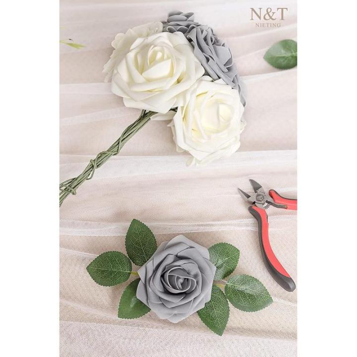 Kunstbloemen, rozen, 25 stuks, kunstbloemen, schuimrozen, namaakrozen met steel, doe-het-zelf, bruiloft, boeketten, bruid, woondecoratie, grijs