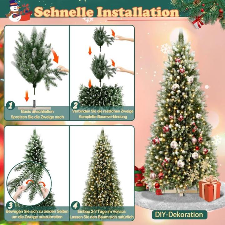 Kunstkerstboom met verlichting, sneeuweffect, 180 cm, kerstboom met standaard, groen pvc + PE dennenboom