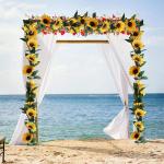 Set van 2 hangende zonnebloemslingers, kunstmatige zonnebloemslinger, zijden zonnebloemrank, hangende slinger met groene bladeren, nepbloemstuk voor bruiloftsfeest, woondecoratie