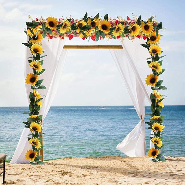 Set van 2 hangende zonnebloemslingers, kunstmatige zonnebloemslinger, zijden zonnebloemrank, hangende slinger met groene bladeren, nepbloemstuk voor bruiloftsfeest, woondecoratie